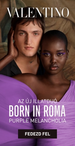 Valentino Born in Roma Purple Melancholia női parfüm hirdetés lila ruhában, elegáns illatkampány banner